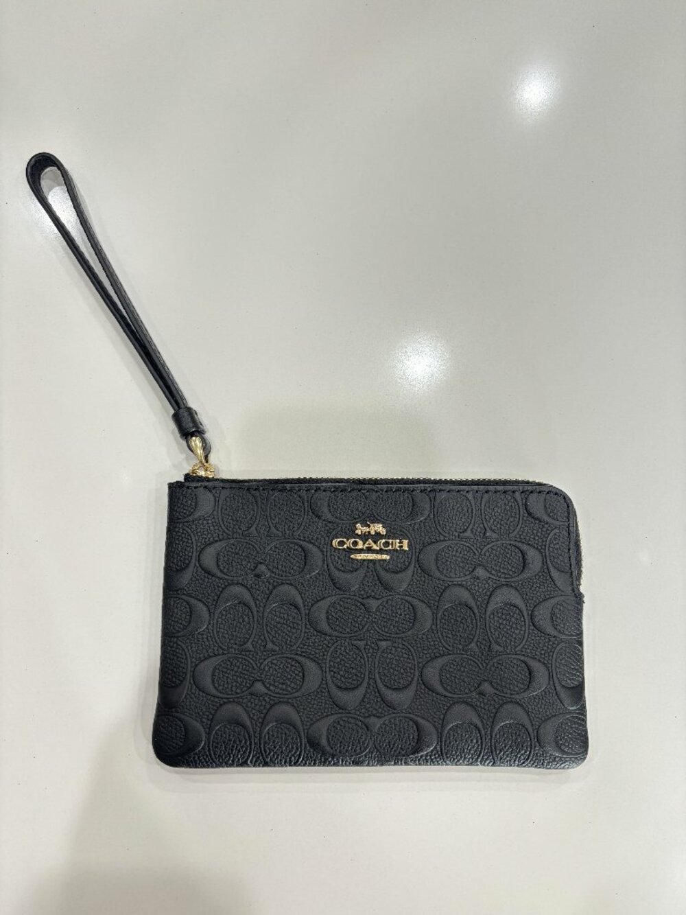 Coach Black Signature Debossed Leather Wristlet CC Monogram Logo Corner Zip Bag